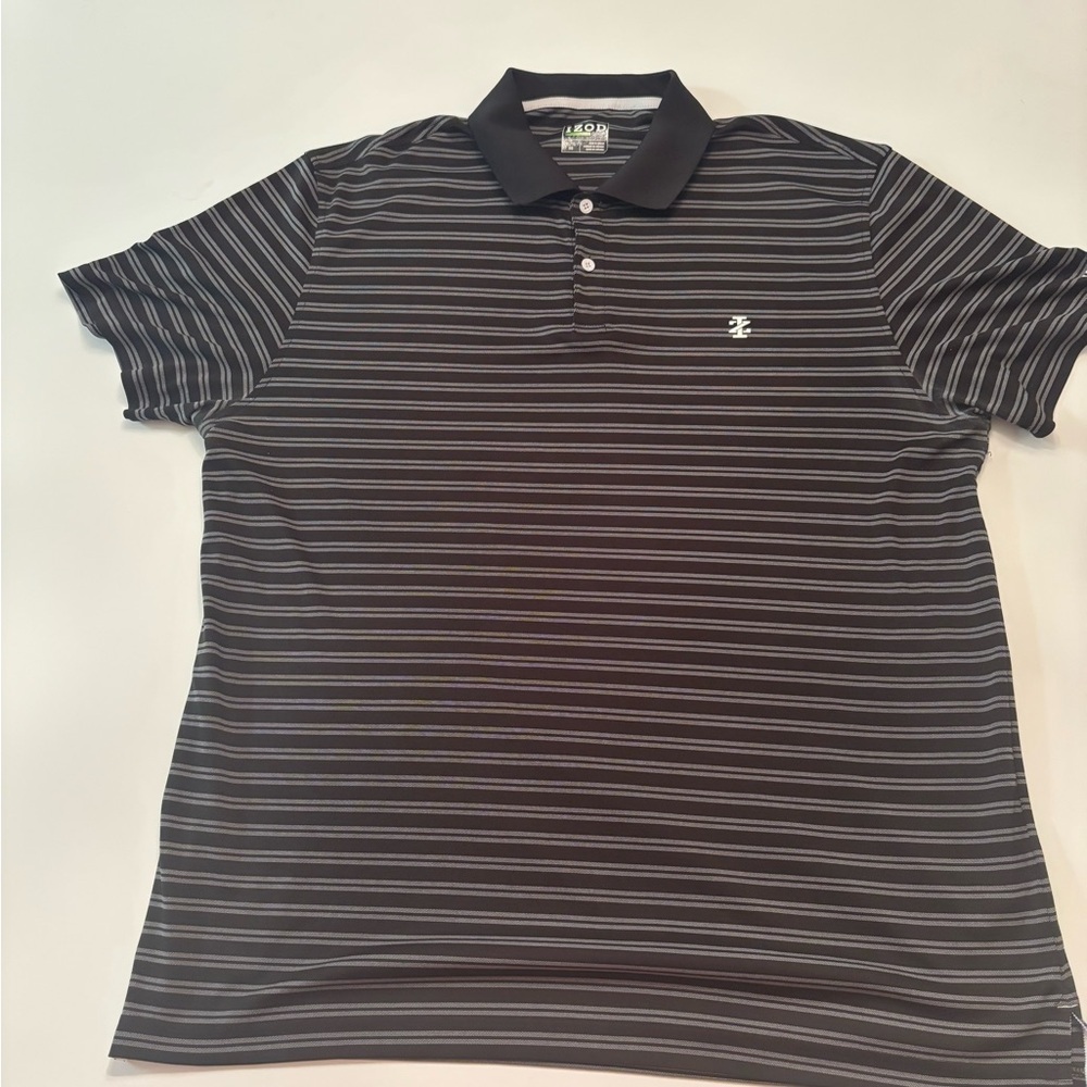 IZOD Golf Polo Shirt XL Black Gray Stripe Performance Stretch Short Sleeve